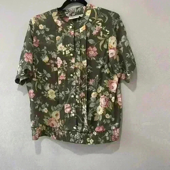 Alfred Dunner Tops - Alfred Dunner Olive Green Floral Sheer Blouse Top with pearl buttons 12
